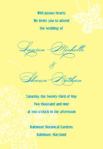 Lacy Butterfly wedding invitation in yellow and turquoise blue