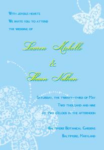 Lacy Butterfly wedding invite in sky blue, white and yellow