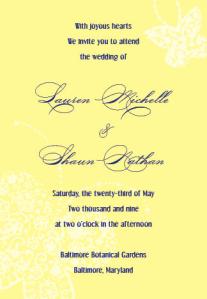 Lacy Butterflies wedding invitation in yellow and navy blue